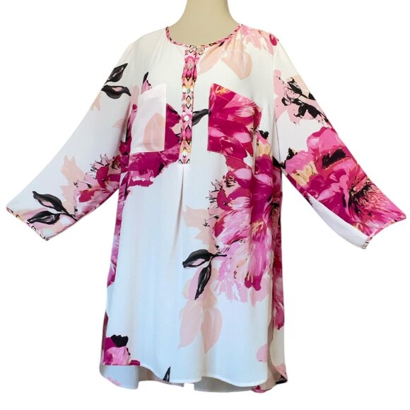 Fig and Flower Tops - Fig and Flower Women's Pink Floral Tunic Top, Size 2X EUC